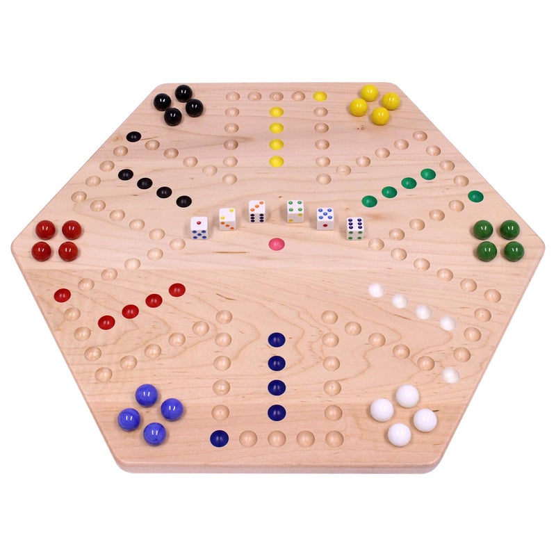 AmishToyBox.com Wahoo Marble Game Board Set - 20" Wide - Solid Maple Wood - Double-Sided - with Large 18mm Marbles and Dice Included - Image 1